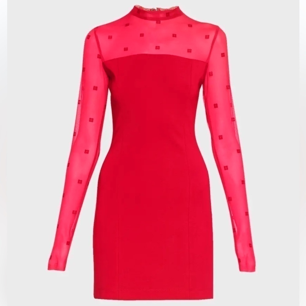 New Givenchy 4G Logo Mixed Media Mini Dress w/ Sheer in Vermillon Size 36 - Picture 14 of 15